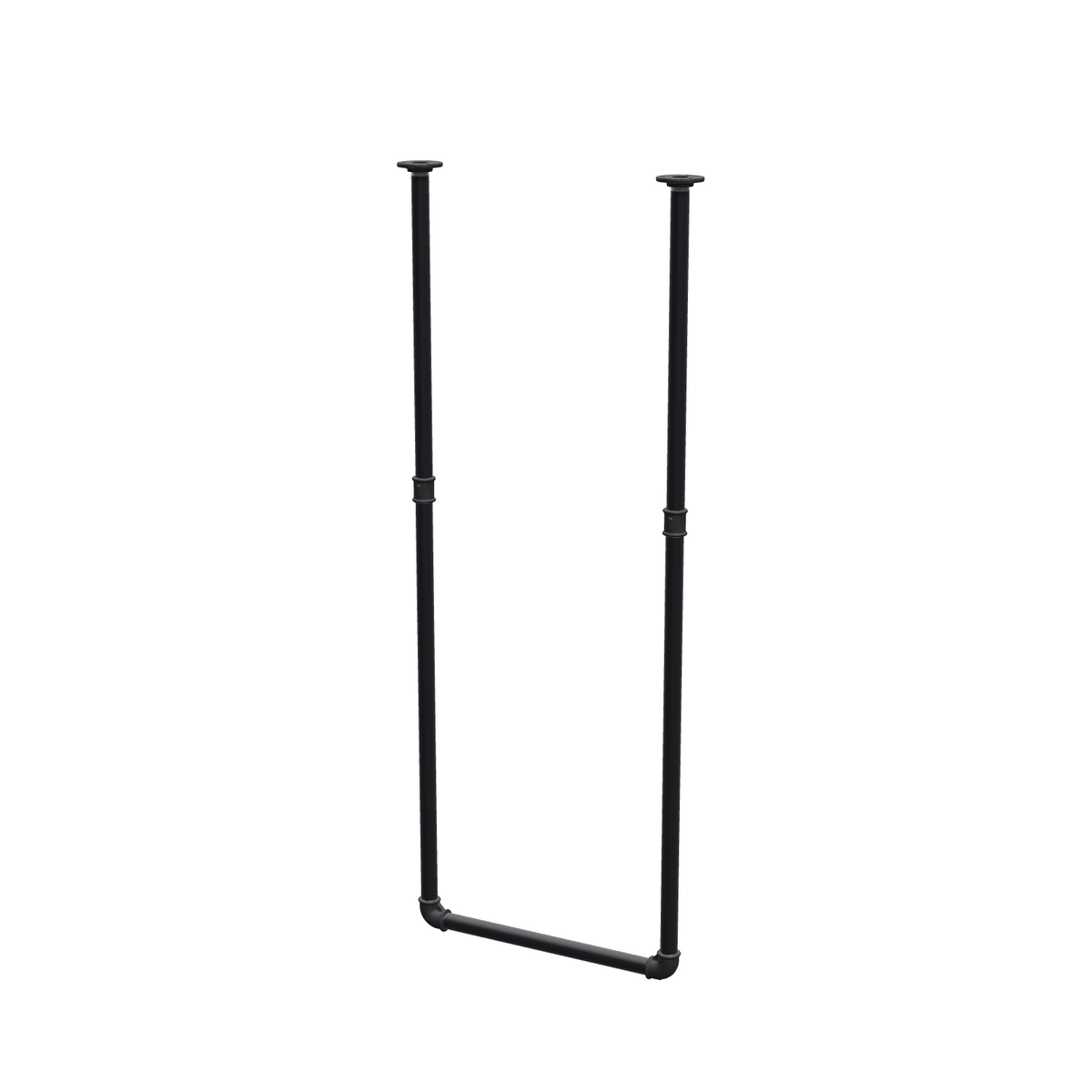 Loftophængt tøjstang i matsort lakeret stålrør Ø 27 mm — bredde 46 cm, højde under loftet 123 cm, trekvartsvisning på hvid baggrund