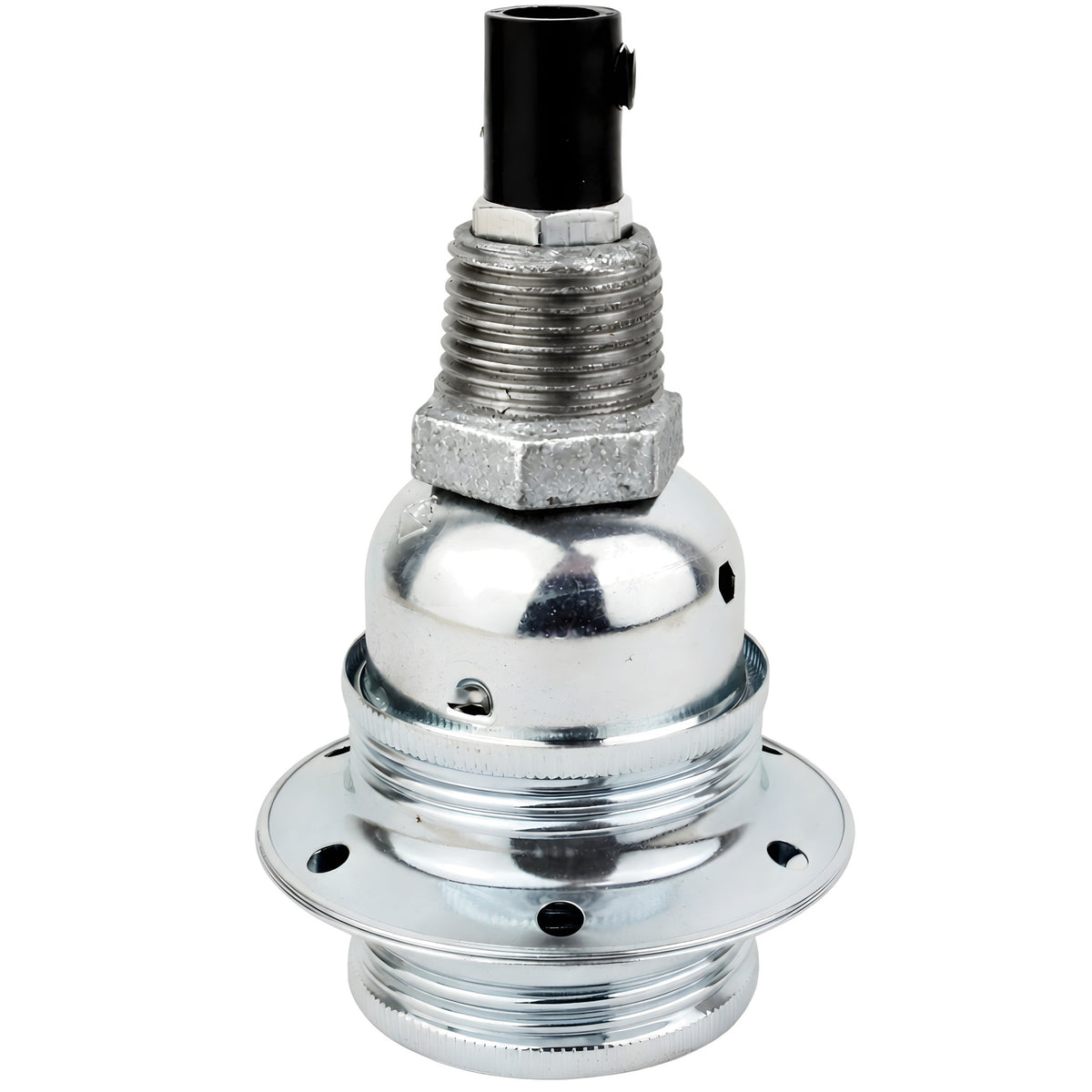 E27-fatningssæt i blankt sølvfarvet metal på fitting 1/2'' (15x21mm) med udvendigt gevind i galvaniseret støbejern