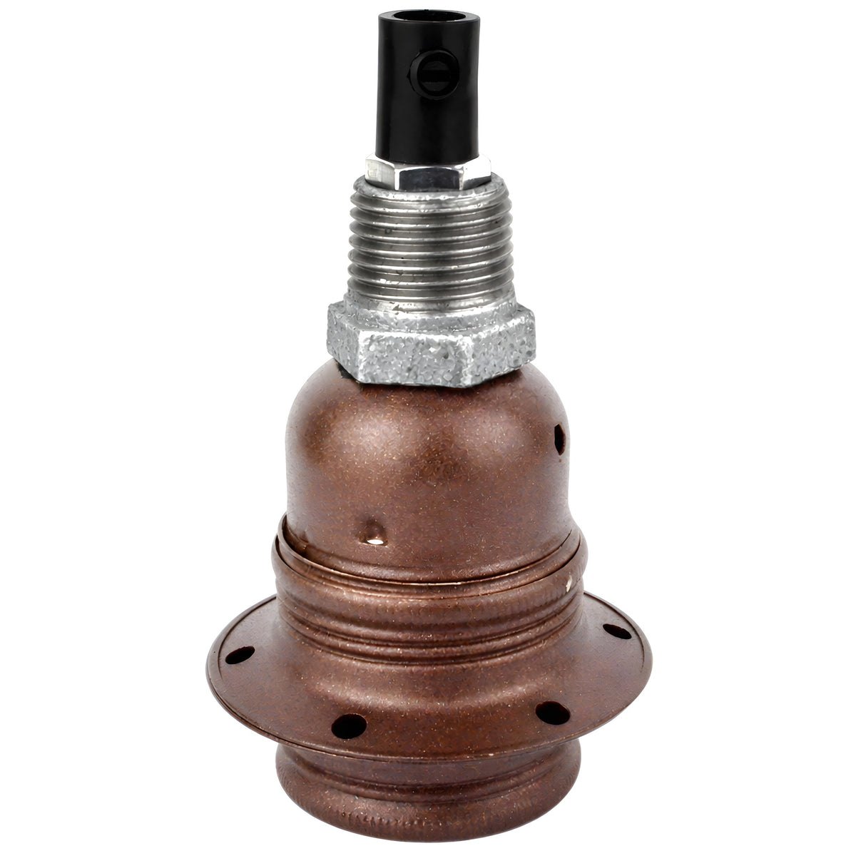 E27-fatningssæt i mat rustfarvet metal på fitting 1/2'' (15x21mm) med udvendigt gevind i galvaniseret støbejern