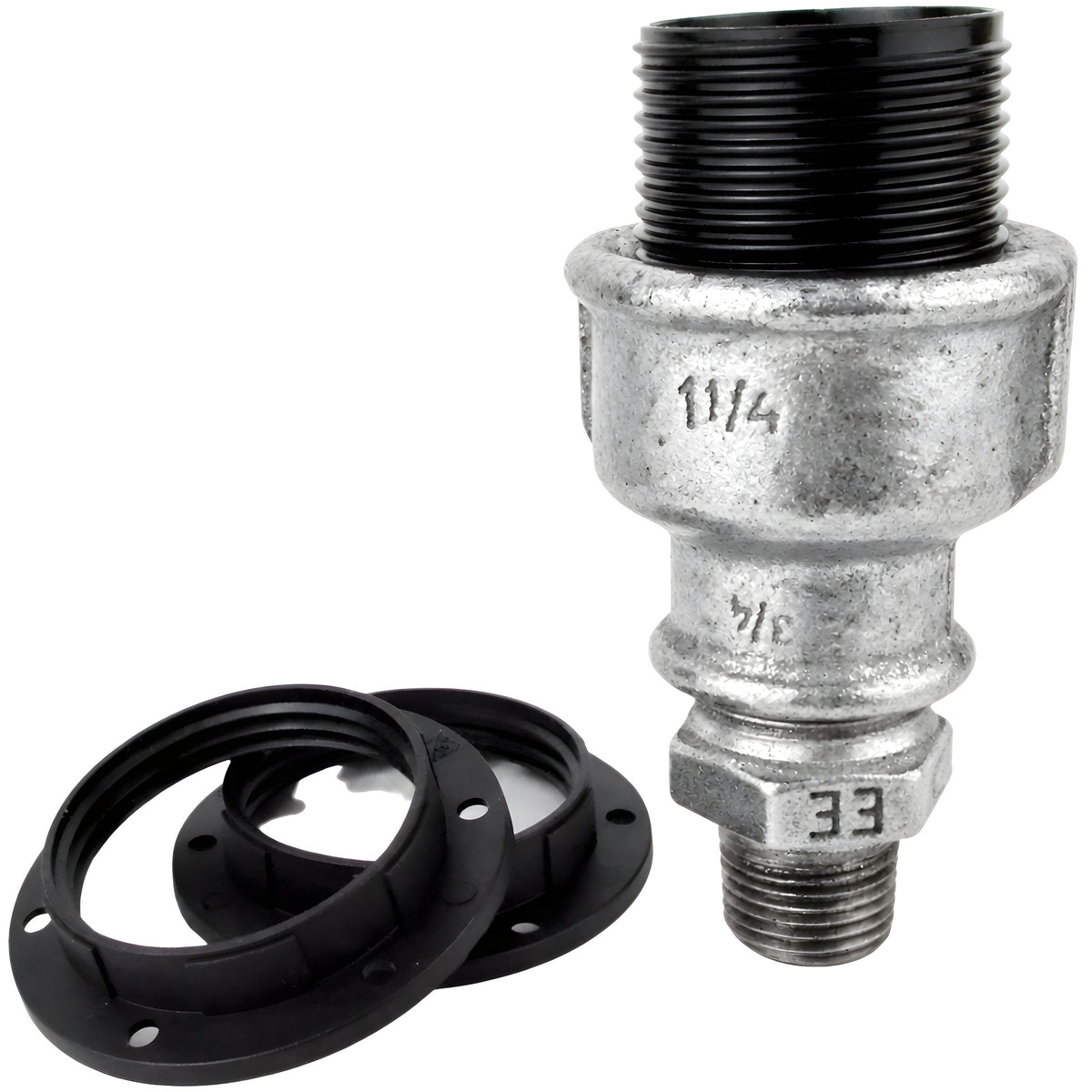 E27-fatningssæt i bakelit på fitting 1/2'' (15x21mm) med udvendigt gevind i galvaniseret støbejern