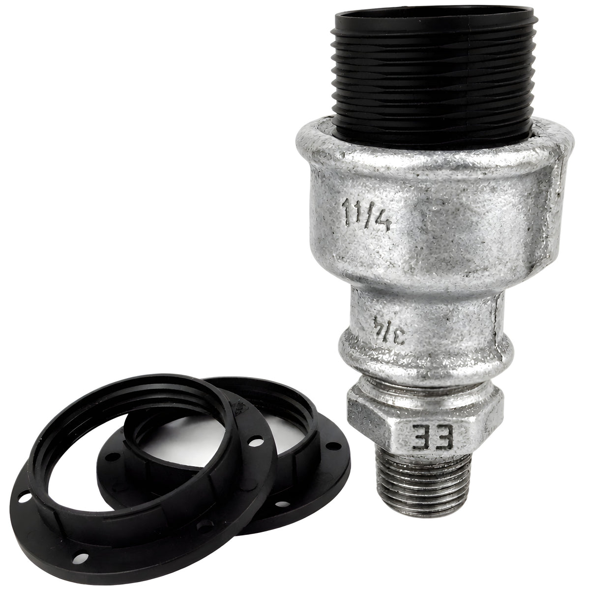 E27-fatningssæt i termoplast på fitting 1/2'' (15x21mm) med udvendigt gevind i galvaniseret støbejern