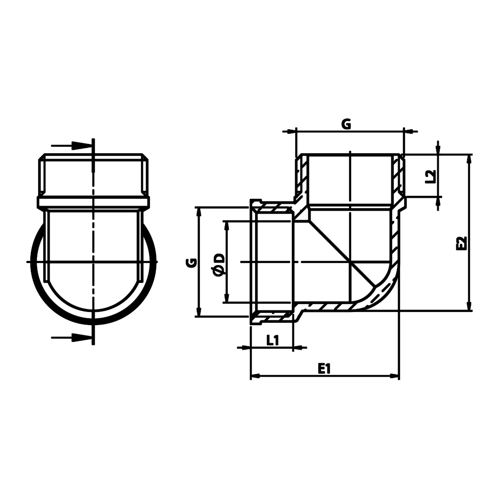 Dessin technique coté : Coude 90° M/F laiton (réf. 2092)