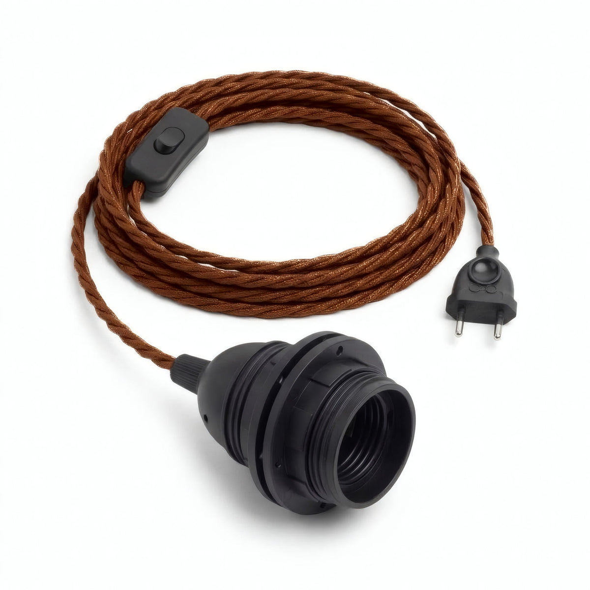 Snoet stofledning med fatning og stik, kanelbrun bomuld, E27-fatning med ringe til lampeskærm