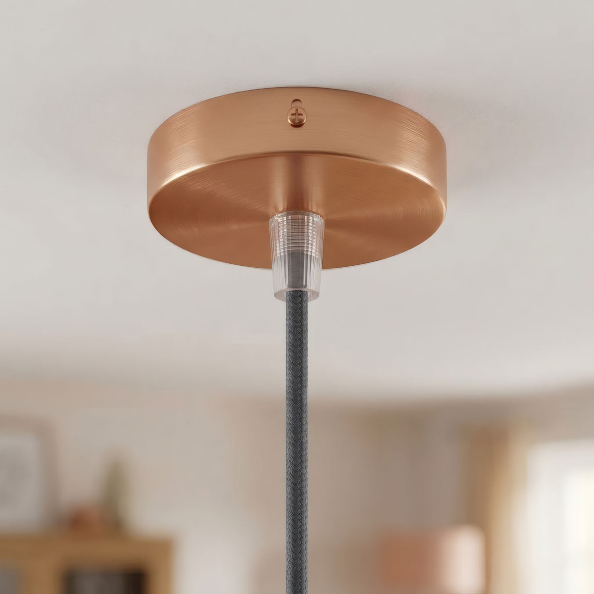 Lille cylindrisk roset i metal, Ø 83 mm — 1 centralt hul / Konisk termoplast / Satineret kobber
