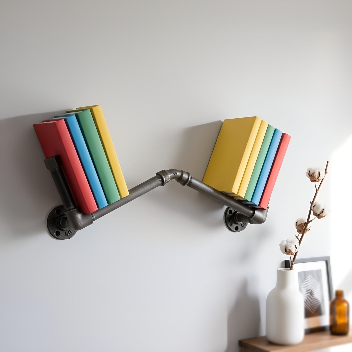 Bibliothèque murale Bend fixée au mur dans une déco industrielle, livres colorés
