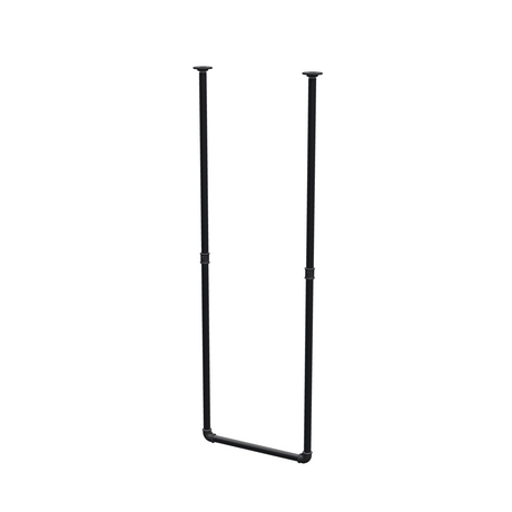 Loftophængt tøjstang i matsort lakeret stålrør Ø 27 mm — bredde 46 cm, højde under loftet 143 cm, trekvartsvisning på hvid baggrund