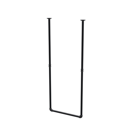 Loftophængt tøjstang i matsort lakeret stålrør Ø 27 mm — bredde 56 cm, højde under loftet 143 cm, trekvartsvisning på hvid baggrund