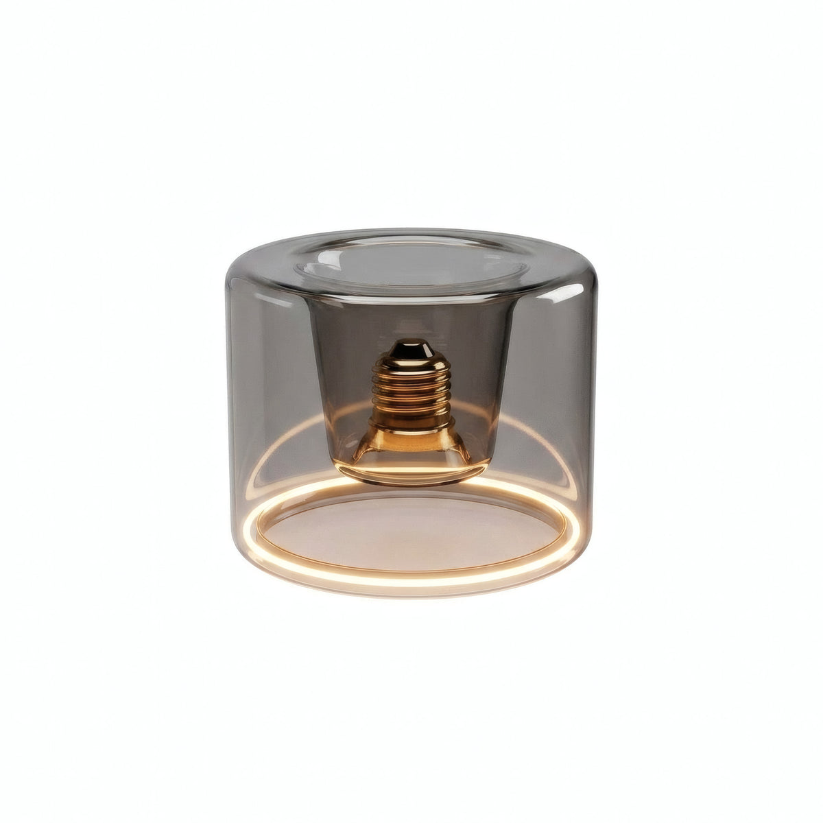 E27 LED-donutpære i røgfarvet glas, Ø 120 mm, tændt, varm lysring, hvid baggrund