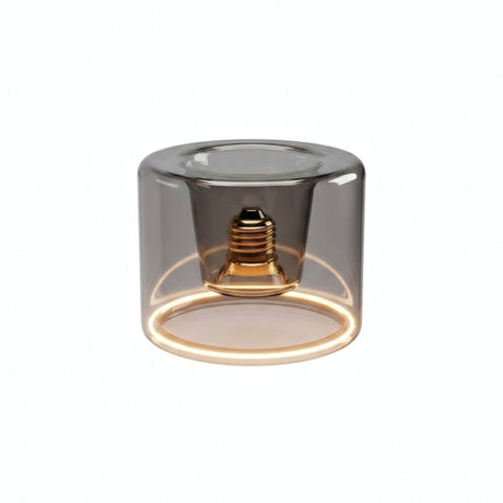 E27 LED-donutpære i røgfarvet glas, Ø 120 mm, tændt, varm lysring, hvid baggrund