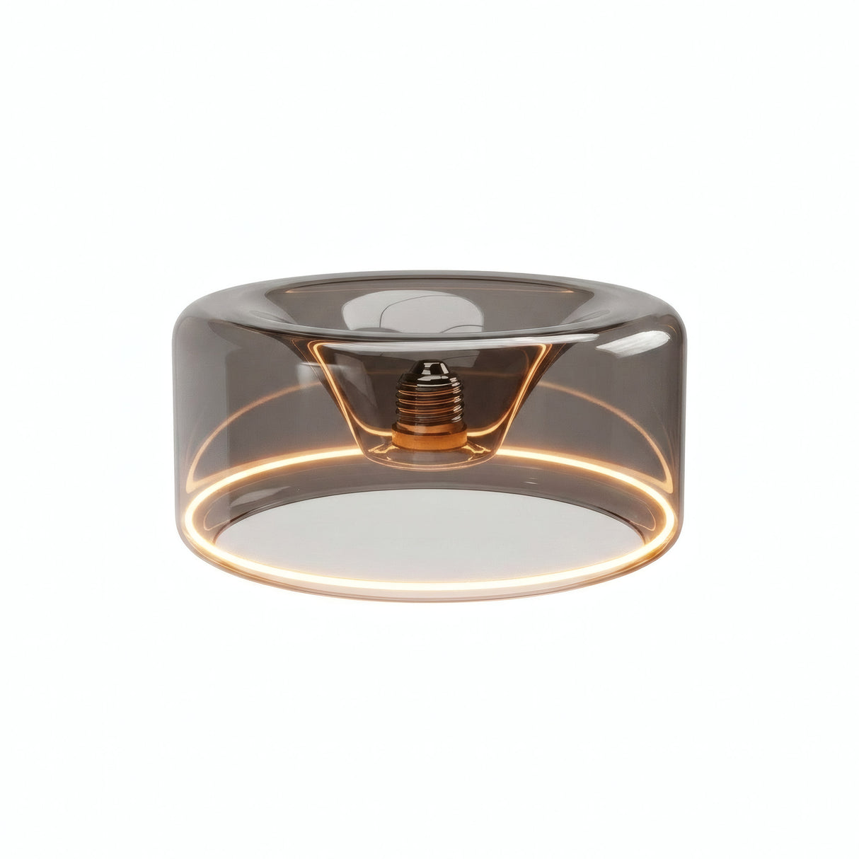 E27 LED-donutpære i røgfarvet glas, Ø 195 mm, tændt, varm lysring, hvid baggrund