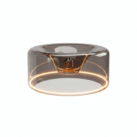 E27 LED-donutpære i røgfarvet glas, Ø 195 mm, tændt, varm lysring, hvid baggrund