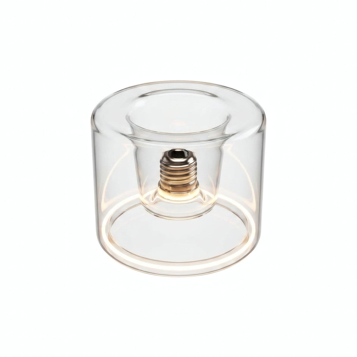 E27 LED-donutpære i klart glas, Ø 120 mm, tændt, varm lysring, hvid baggrund