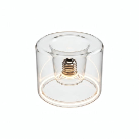 E27 LED-donutpære i klart glas, Ø 120 mm, tændt, varm lysring, hvid baggrund