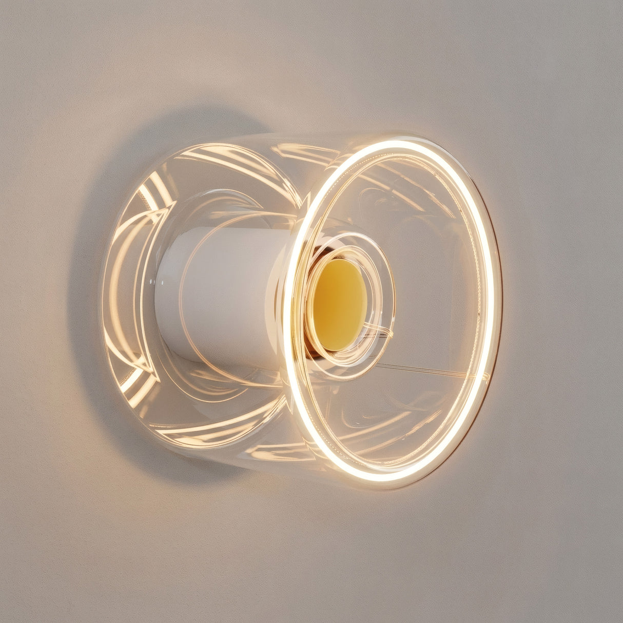 E27 LED-donutpære i klart glas, Ø 120 mm, tændt som væglampe i en minimalistisk indretning