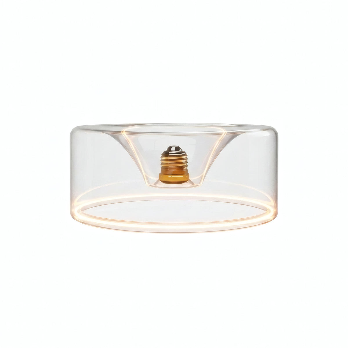 E27 LED-donutpære i klart glas, Ø 195 mm, tændt, varm lysring, hvid baggrund