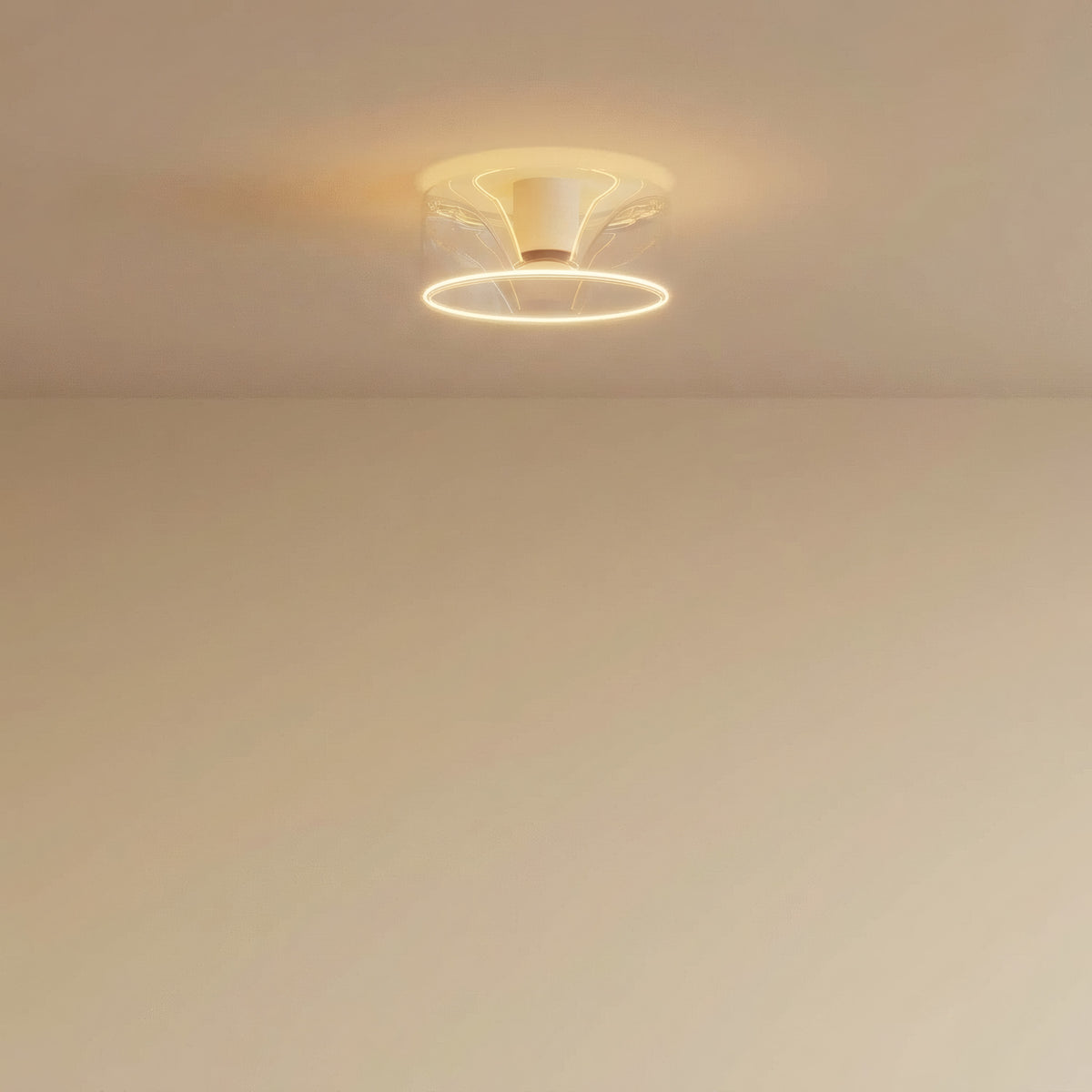 E27 LED-donutpære i klart glas, Ø 195 mm, tændt i loftet i et enkelt interiør