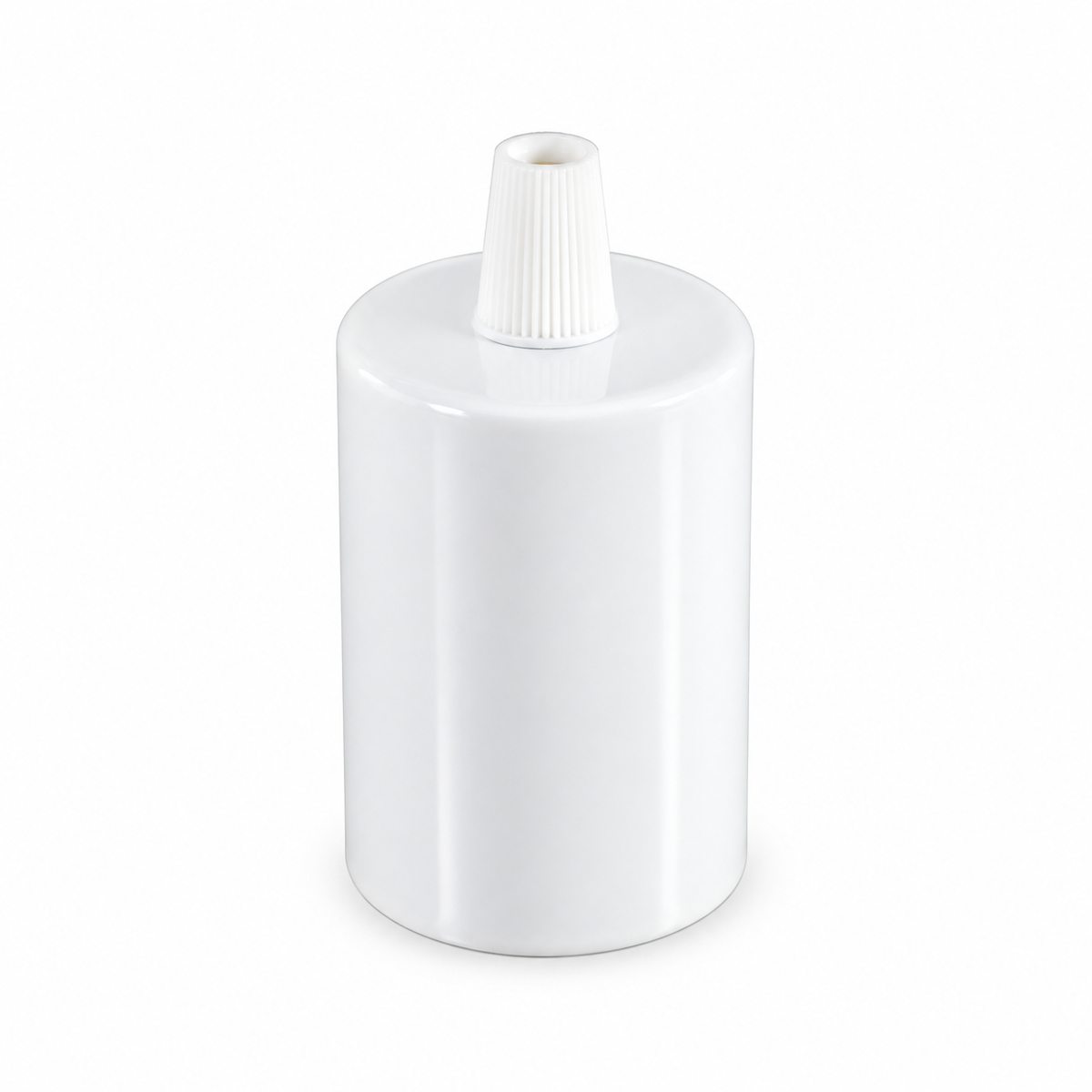 Sæt med cylindrisk E27-fatning i metal — konisk trækaflastning i plast — blank hvid — visning 1
