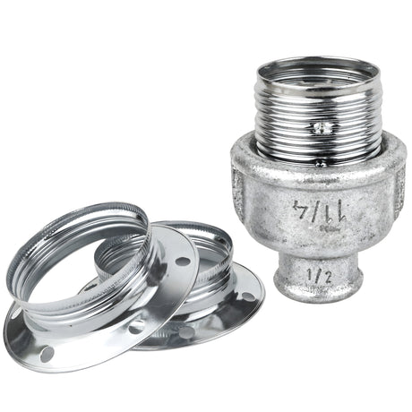 E27-fatningssæt i blankt sølvfarvet metal på fitting 1/2'' (15x21mm) med indvendigt gevind i galvaniseret støbejern