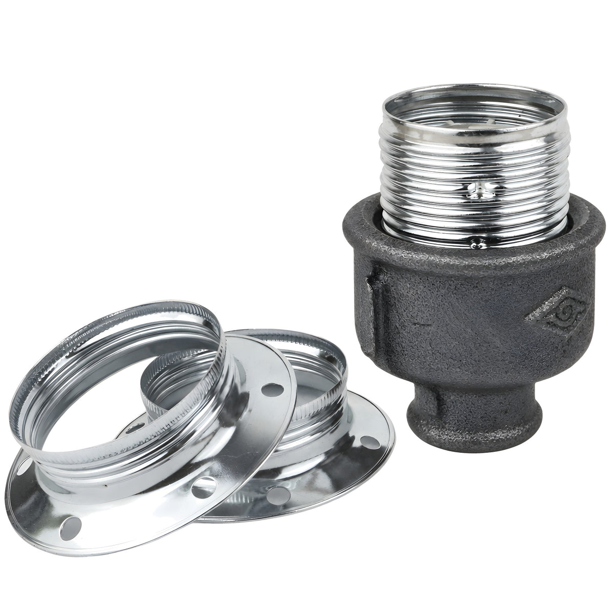 E27-fatningssæt i blankt sølvfarvet metal på fitting 1/2'' (15x21mm) med indvendigt gevind i sort støbejern Økonomi