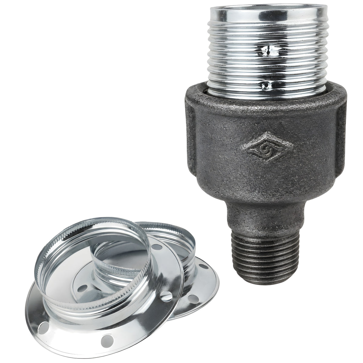 E27-fatningssæt i blankt sølvfarvet metal på fitting 1/2'' (15x21mm) med udvendigt gevind i sort støbejern Økonomi