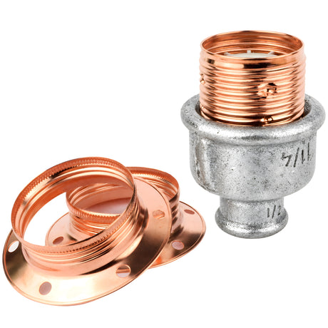 E27-fatningssæt i blankt kobberfarvet metal på fitting 1/2'' (15x21mm) med indvendigt gevind i galvaniseret støbejern