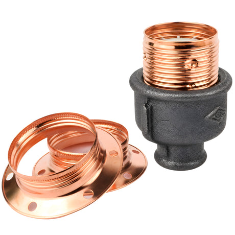 E27-fatningssæt i blankt kobberfarvet metal på fitting 1/2'' (15x21mm) med indvendigt gevind i sort støbejern Økonomi