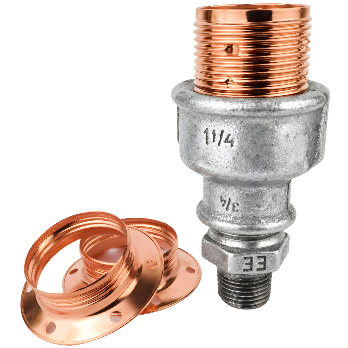 E27-fatningssæt i blankt kobberfarvet metal på fitting 1/2'' (15x21mm) med udvendigt gevind i galvaniseret støbejern