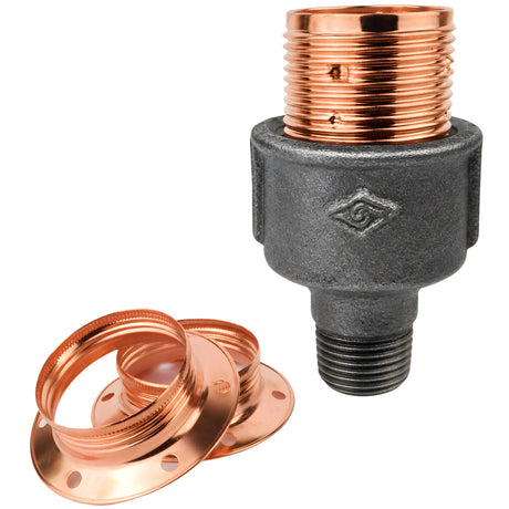E27-fatningssæt i blankt kobberfarvet metal på fitting 1/2'' (15x21mm) med udvendigt gevind i sort støbejern Økonomi