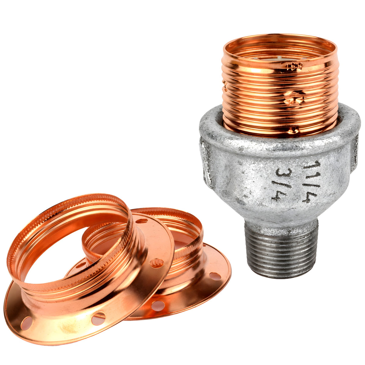 E27-fatningssæt i blankt kobberfarvet metal på fitting med udvendigt gevind i galvaniseret støbejern