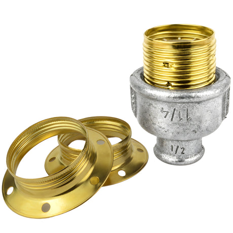 E27-fatningssæt i blankt messingfarvet metal på fitting 1/2'' (15x21mm) med indvendigt gevind i galvaniseret støbejern