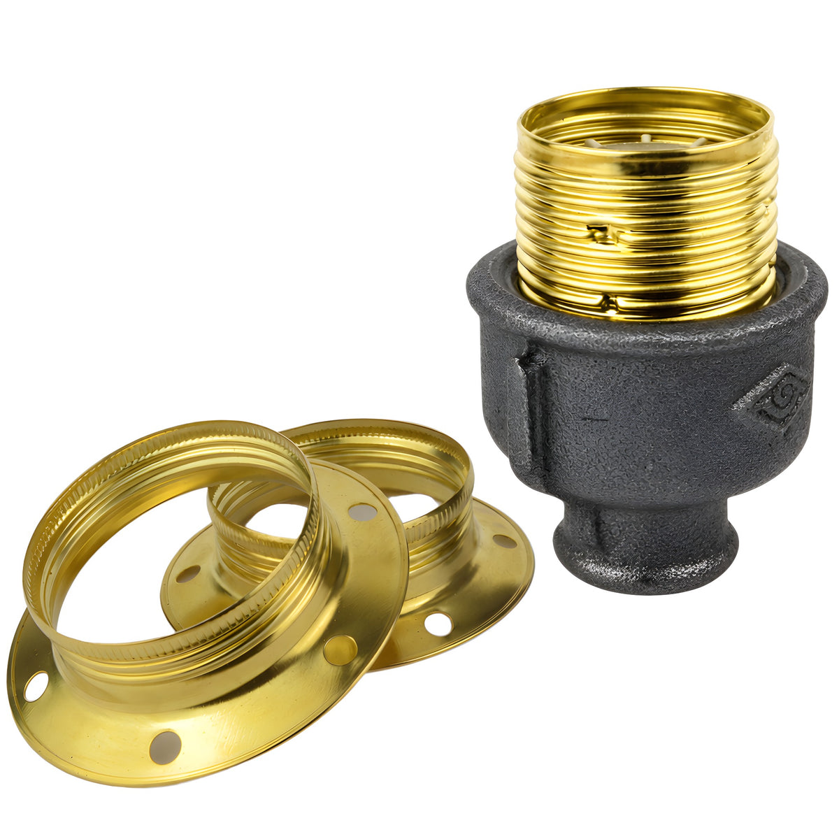 E27-fatningssæt i blankt messingfarvet metal på fitting 1/2'' (15x21mm) med indvendigt gevind i sort støbejern Økonomi