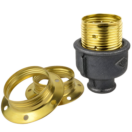 E27-fatningssæt i blankt messingfarvet metal på fitting 1/2'' (15x21mm) med indvendigt gevind i sort støbejern Økonomi