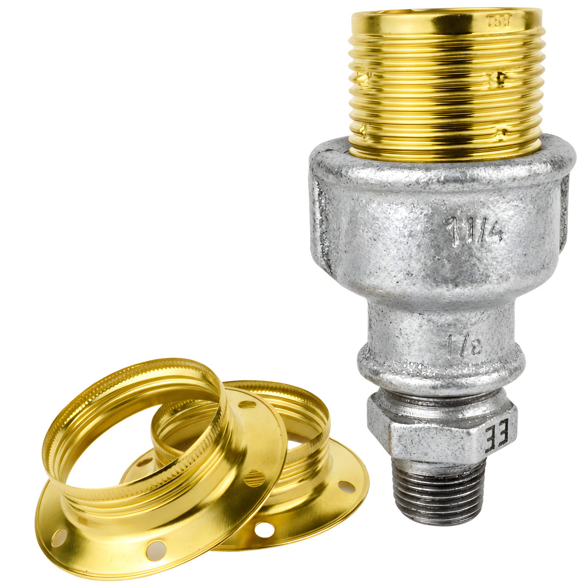E27-fatningssæt i blankt messingfarvet metal på fitting 1/2'' (15x21mm) med udvendigt gevind i galvaniseret støbejern