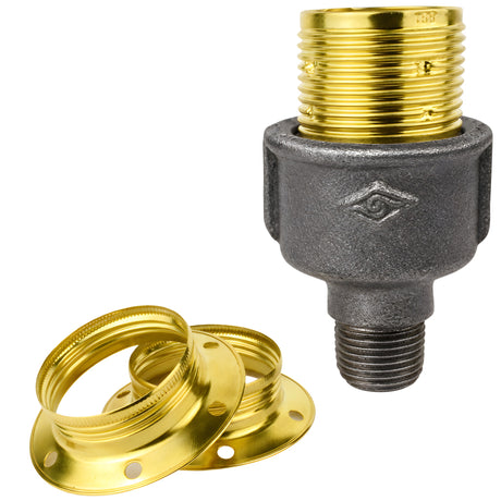 E27-fatningssæt i blankt messingfarvet metal på fitting 1/2'' (15x21mm) med udvendigt gevind i sort støbejern Økonomi