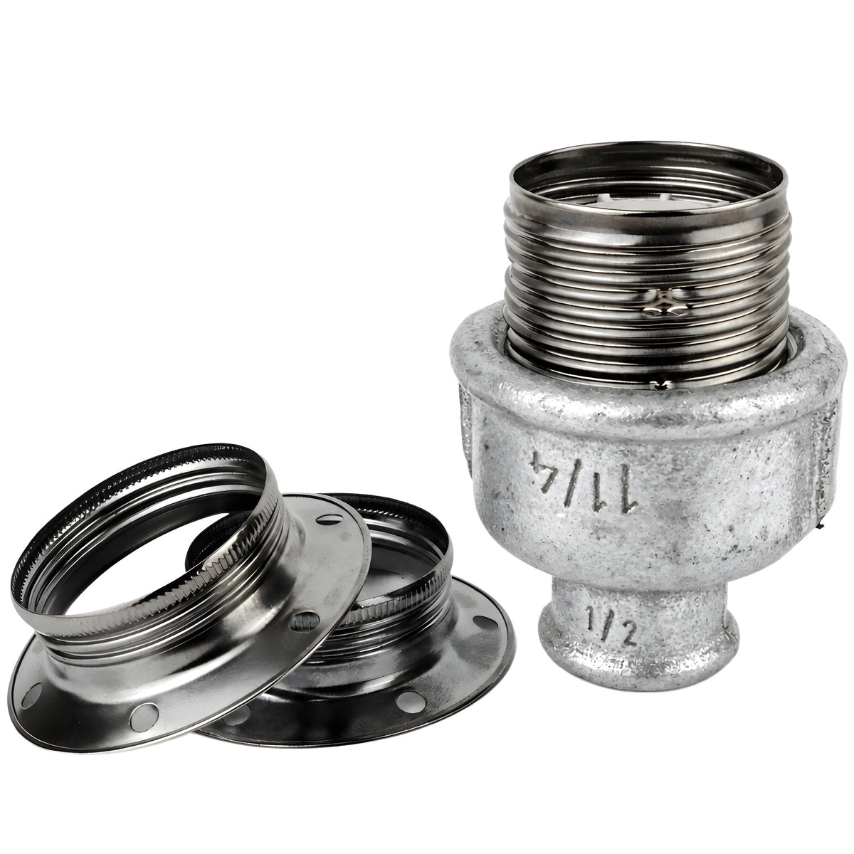 E27-fatningssæt i blankt sort metal på fitting 1/2'' (15x21mm) med indvendigt gevind i galvaniseret støbejern