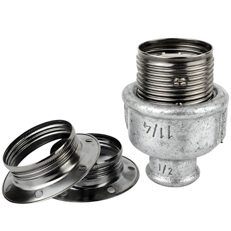 E27-fatningssæt i blankt sort metal på fitting 1/2'' (15x21mm) med indvendigt gevind i galvaniseret støbejern