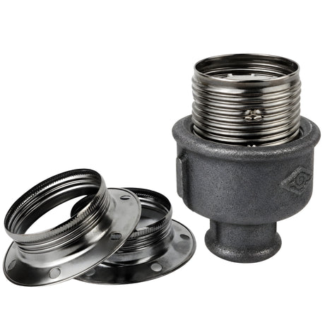 E27-fatningssæt i blankt sort metal på fitting 1/2'' (15x21mm) med indvendigt gevind i sort støbejern Økonomi
