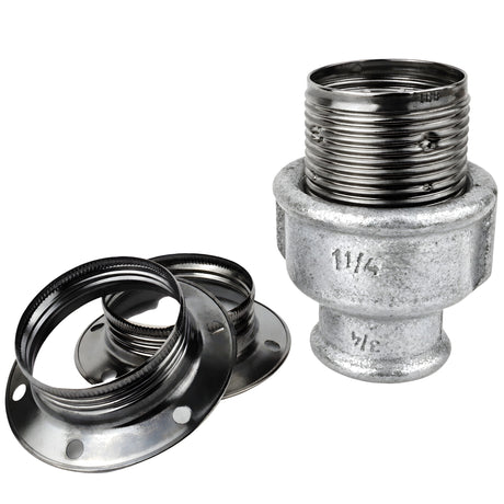 E27-fatningssæt i blankt sort metal på fitting med indvendigt gevind i galvaniseret støbejern