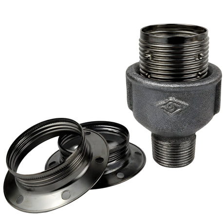 E27-fatningssæt i blankt sort metal på fitting med udvendigt gevind i sort støbejern Økonomi