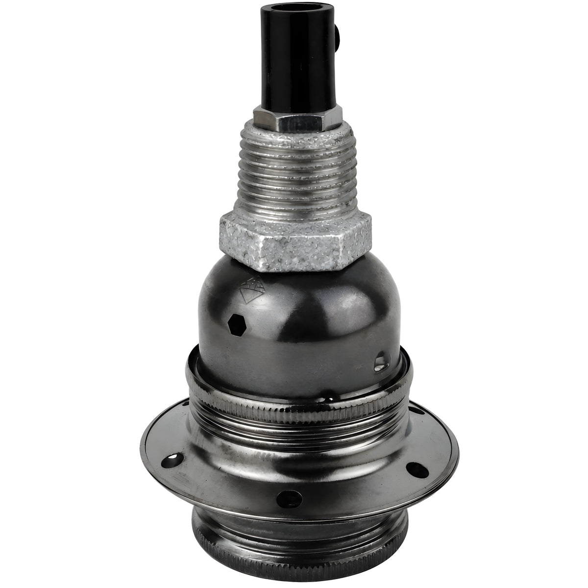 E27-fatningssæt i blankt sort metal på fitting 1/2'' (15x21mm) med udvendigt gevind i galvaniseret støbejern