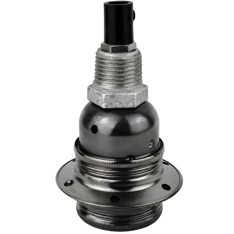 E27-fatningssæt i blankt sort metal på fitting 1/2'' (15x21mm) med udvendigt gevind i galvaniseret støbejern
