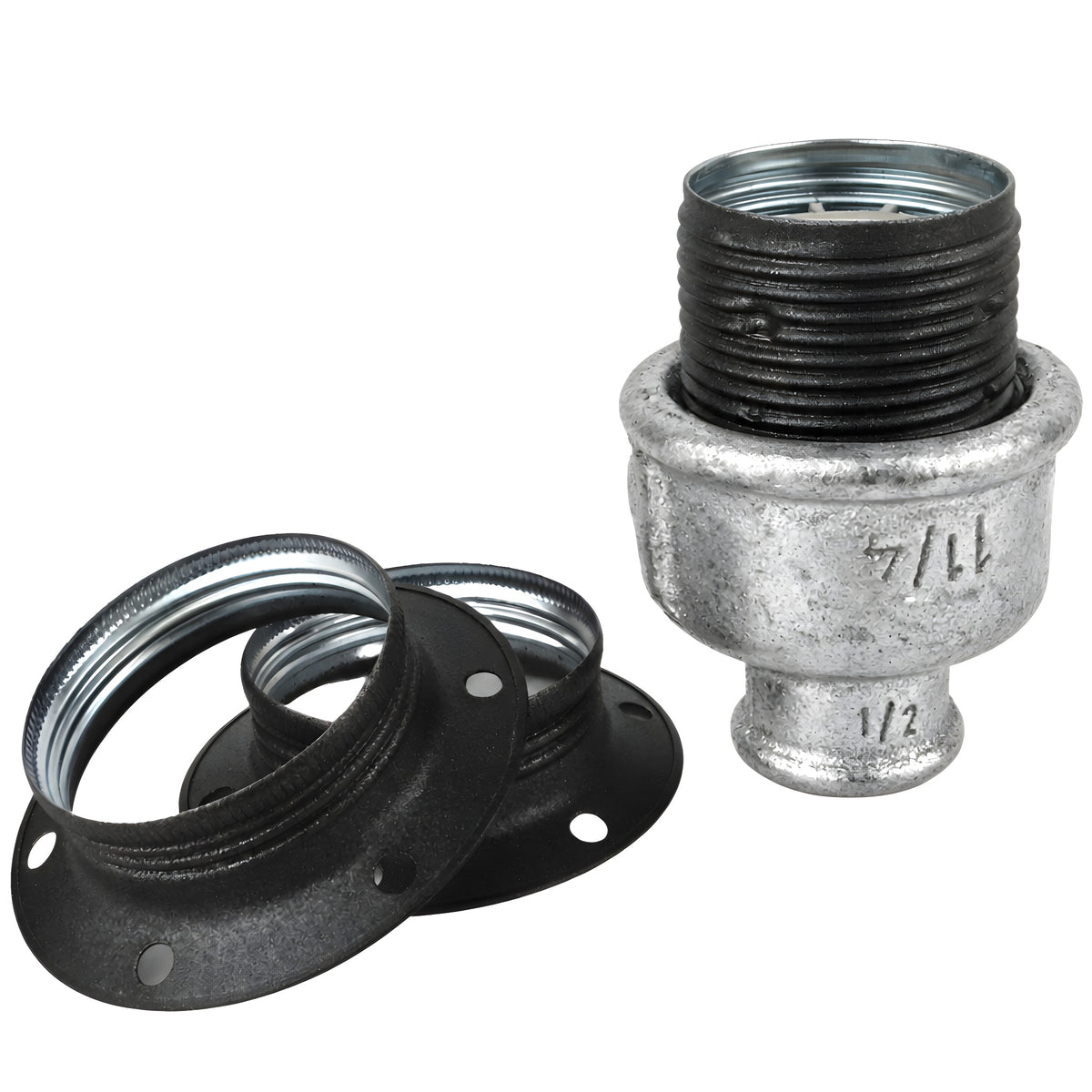 E27-fatningssæt i mat gråt metal på fitting 1/2'' (15x21mm) med indvendigt gevind i galvaniseret støbejern