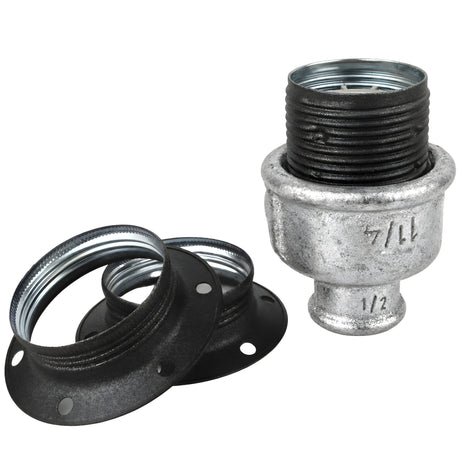 E27-fatningssæt i mat gråt metal på fitting 1/2'' (15x21mm) med indvendigt gevind i galvaniseret støbejern