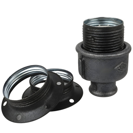 E27-fatningssæt i mat gråt metal på fitting 1/2'' (15x21mm) med indvendigt gevind i sort støbejern Økonomi