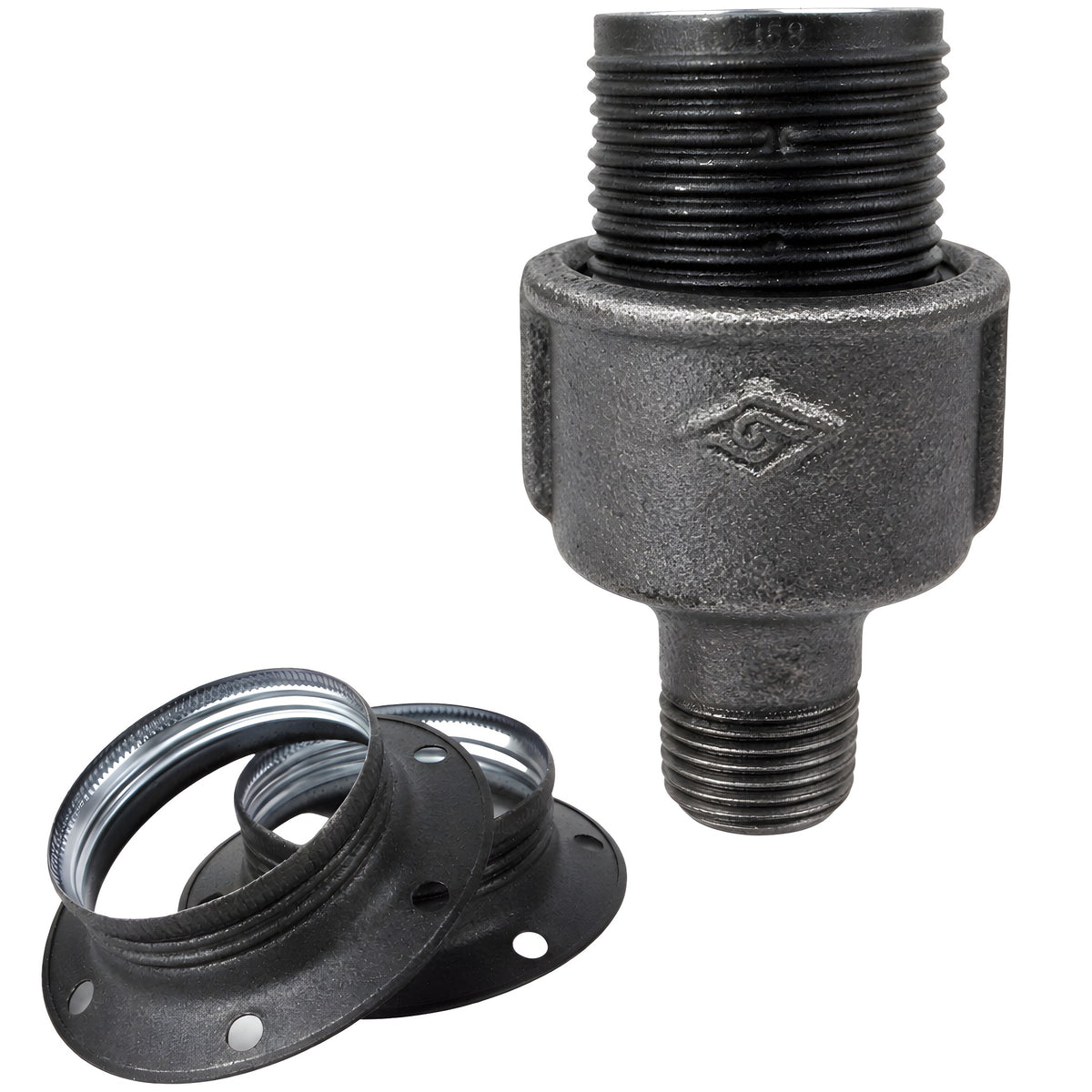 E27-fatningssæt i mat gråt metal på fitting 1/2'' (15x21mm) med udvendigt gevind i sort støbejern Økonomi