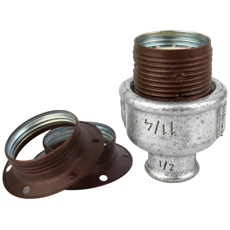 E27-fatningssæt i mat rustfarvet metal på fitting 1/2'' (15x21mm) med indvendigt gevind i galvaniseret støbejern