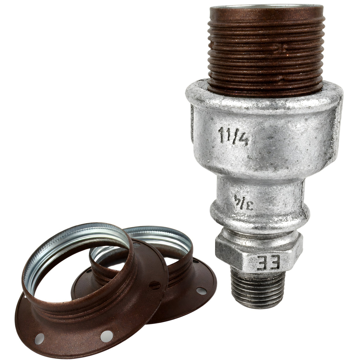 E27-fatningssæt i mat rustfarvet metal på fitting 1/2'' (15x21mm) med udvendigt gevind i galvaniseret støbejern