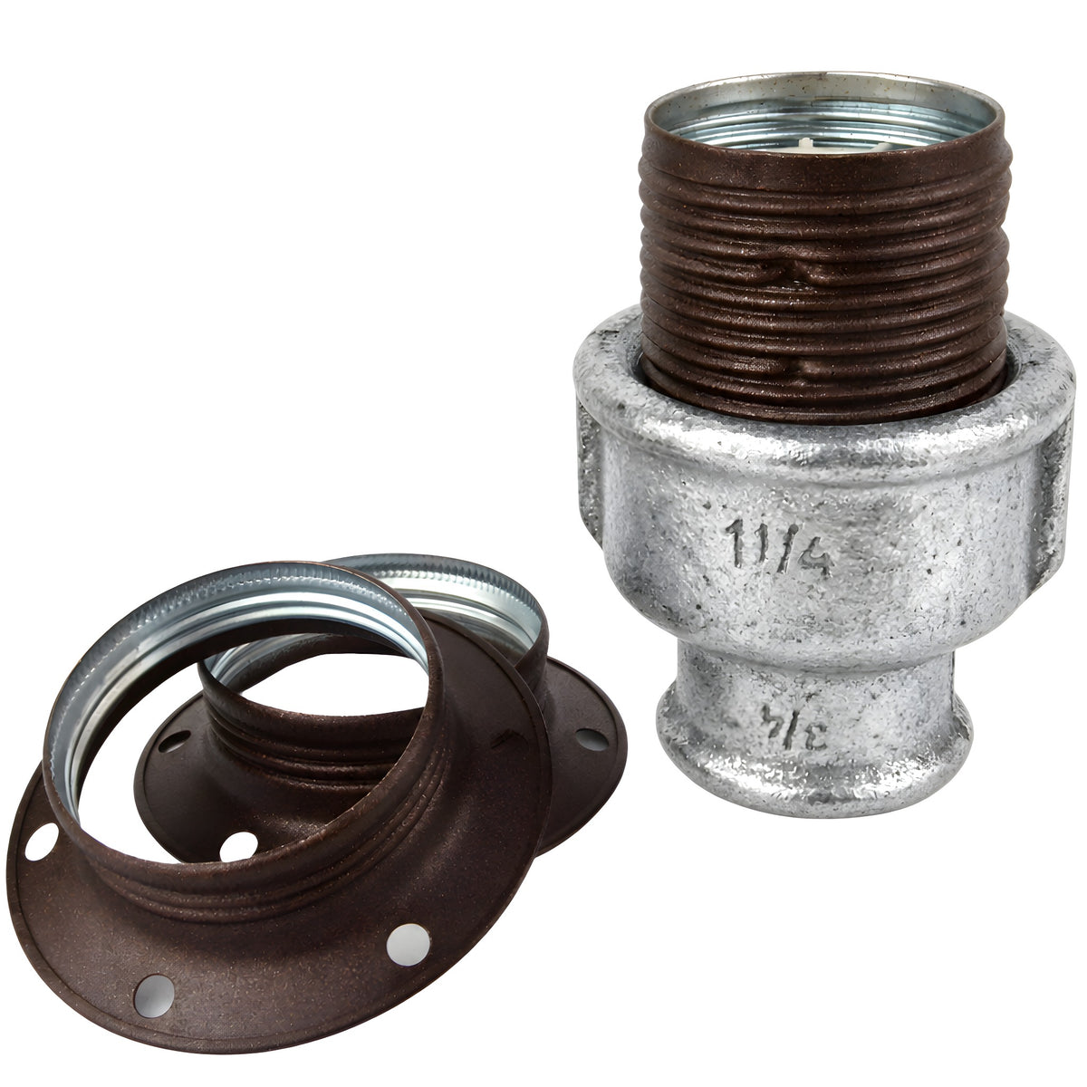 E27-fatningssæt i mat rustfarvet metal på fitting med indvendigt gevind i galvaniseret støbejern