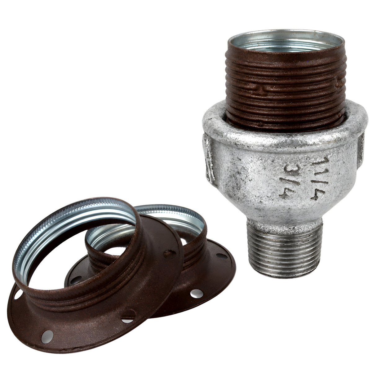 E27-fatningssæt i mat rustfarvet metal på fitting med udvendigt gevind i galvaniseret støbejern