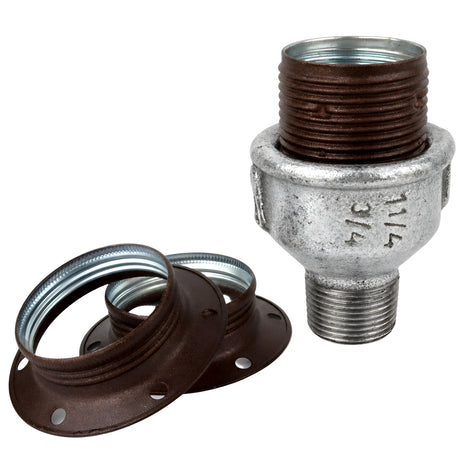 E27-fatningssæt i mat rustfarvet metal på fitting med udvendigt gevind i galvaniseret støbejern